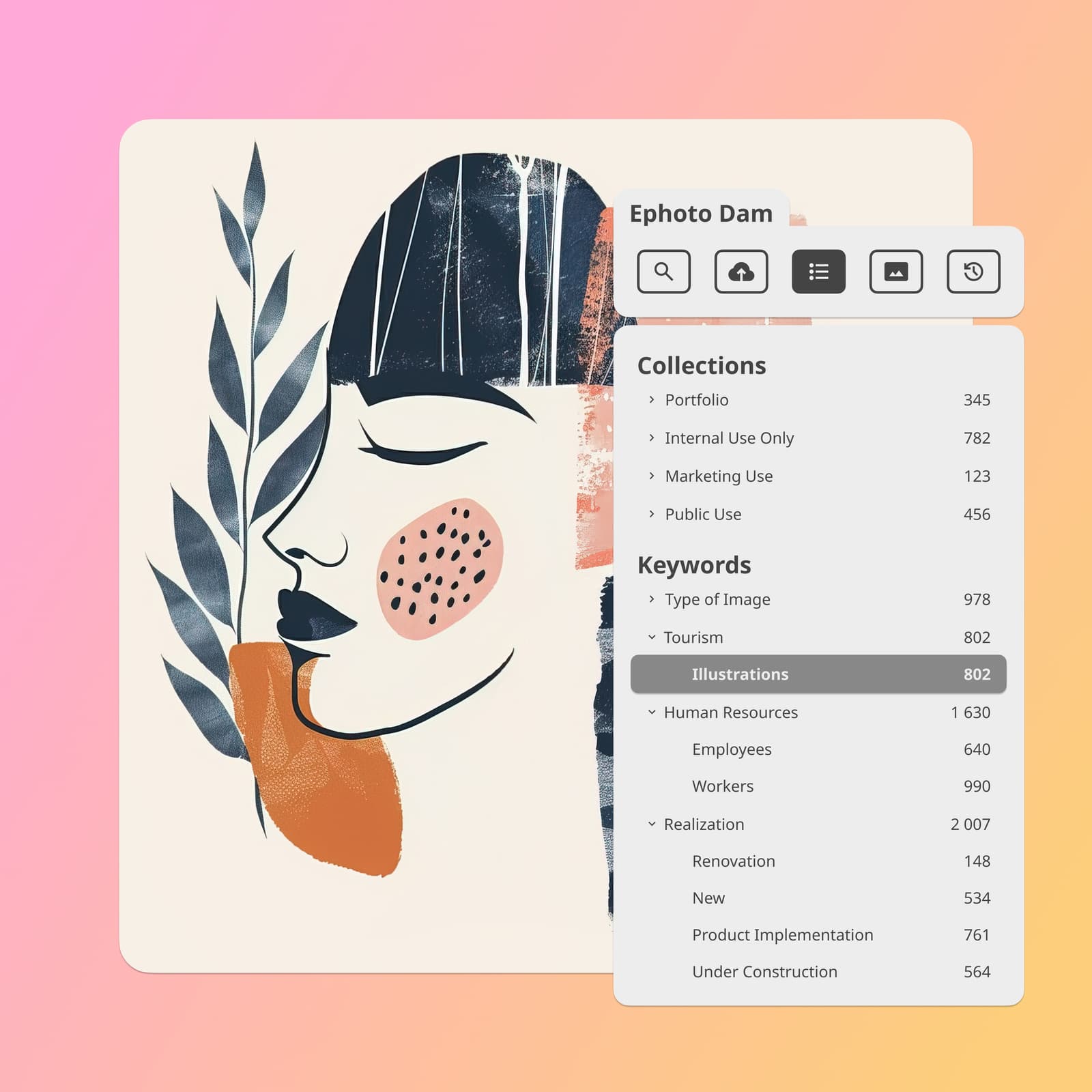 Ephoto Dam for Illustrator plugin interface, integrated into an artistic portrait, illustrating advanced digital asset management and direct access to media using a list of keywords.
